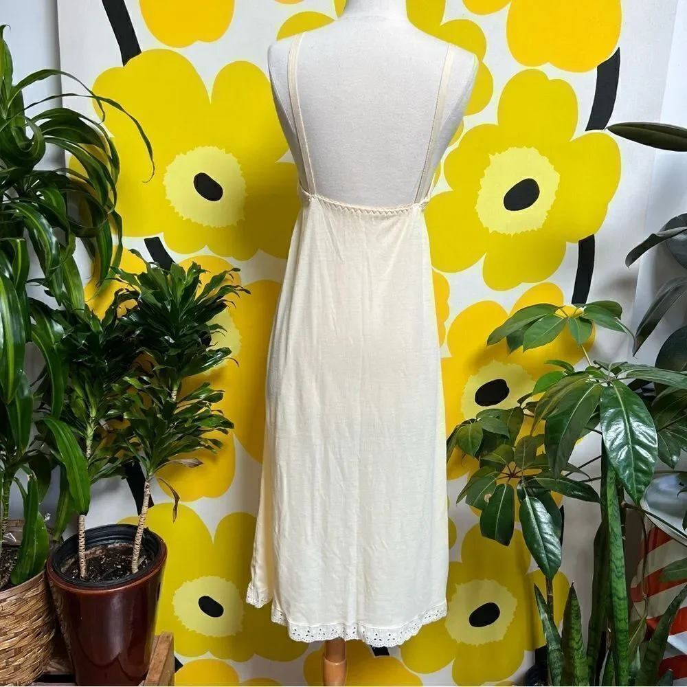 Dreamy Bohemian 1970s Pale Yellow Ribbed Knit Lace Trim Nightgown Lingerie - Picture 6 of 9